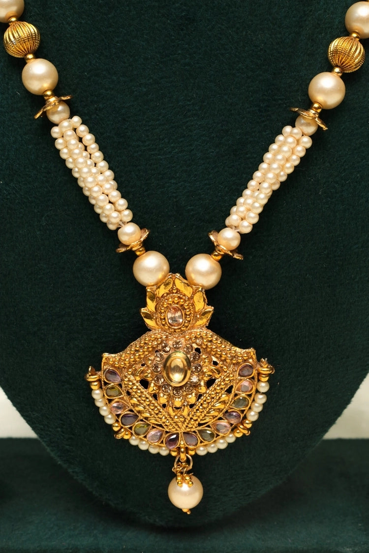 Picture of Zehnaz - Gold-Plated Temple Pearl Necklace Traditional Design - Available at Raja Sahib