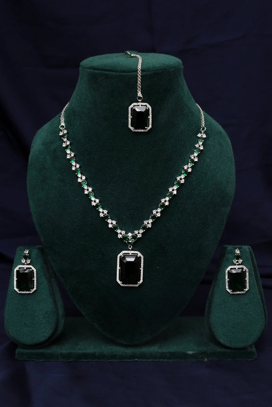 Picture of Zehnaz - Emerald Style Green & Black Silver-Plated American Diamond Jewellery Set - Available at Raja Sahib