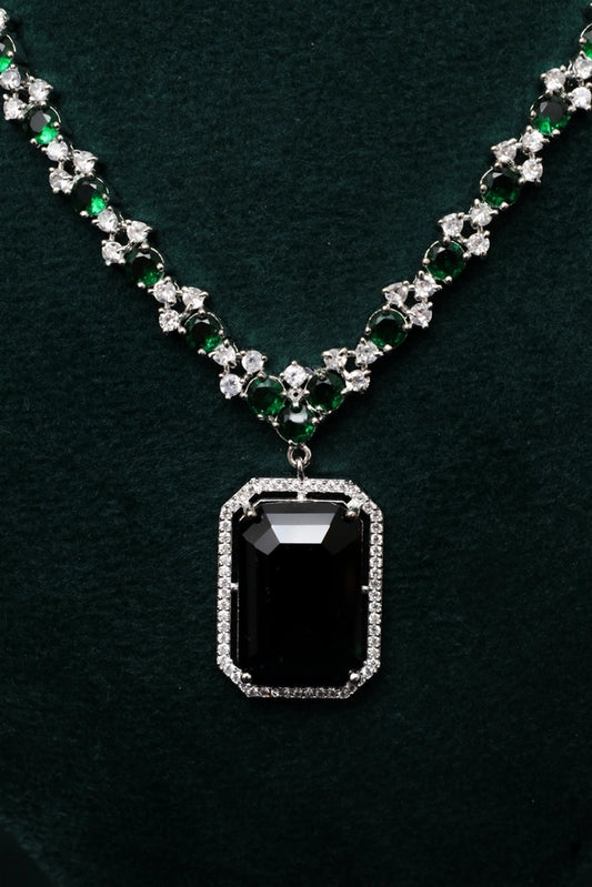 Picture of Zehnaz - Emerald Style Green & Black Silver-Plated American Diamond Jewellery Set - Available at Raja Sahib