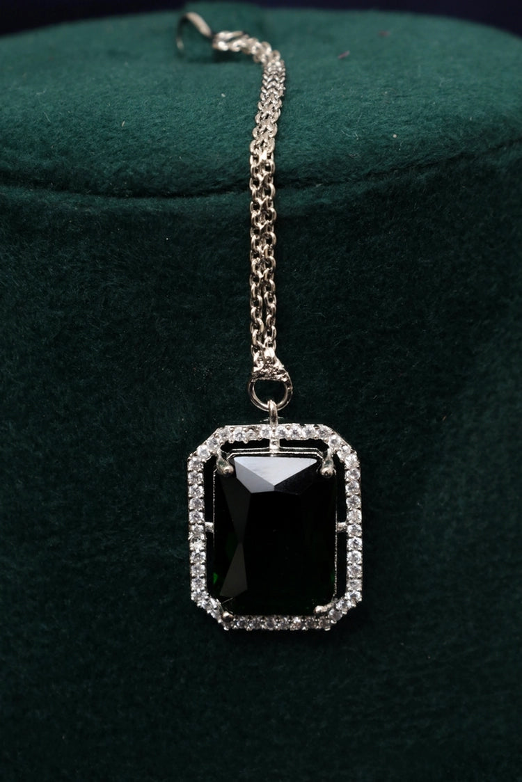 Picture of Zehnaz - Emerald Style Green & Black Silver-Plated American Diamond Jewellery Set - Available at Raja Sahib