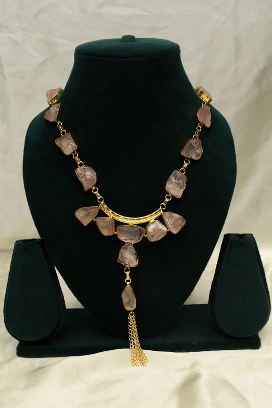 Picture of Zehnaz - Gold-Plated Raw Rose Quartz Necklace & Earring Set Pink Stone Jewelry - Available at Raja Sahib