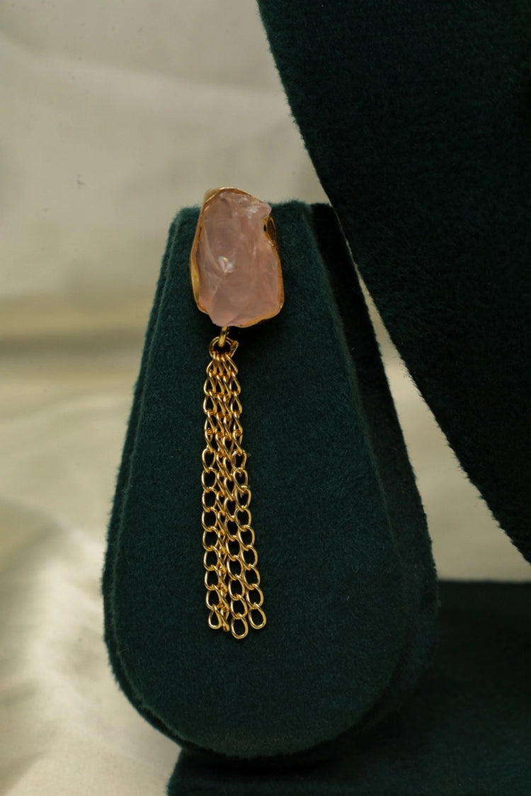 Picture of Zehnaz - Gold-Plated Raw Rose Quartz Necklace & Earring Set Pink Stone Jewelry - Available at Raja Sahib
