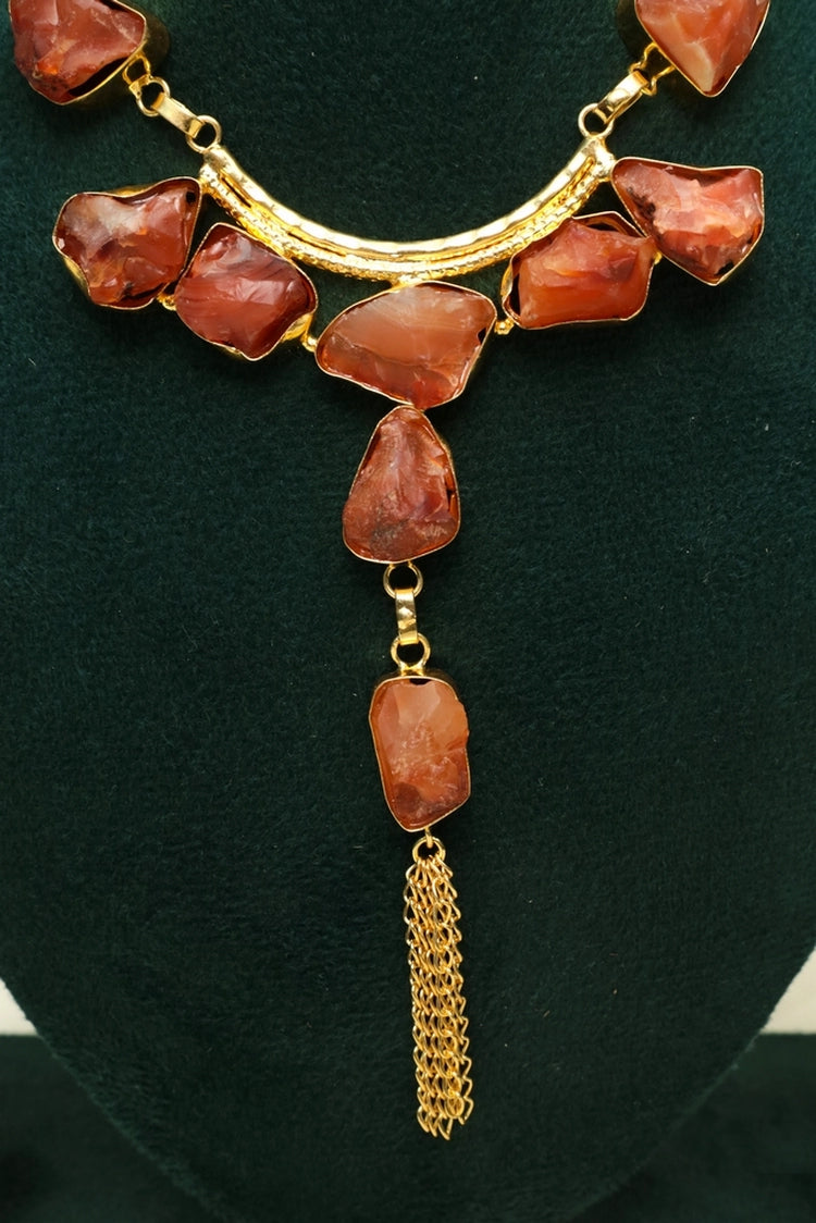Picture of Zehnaz - Gold-Plated Raw Orange Stone Necklace & Earring Set Boho Style - Available at Raja Sahib