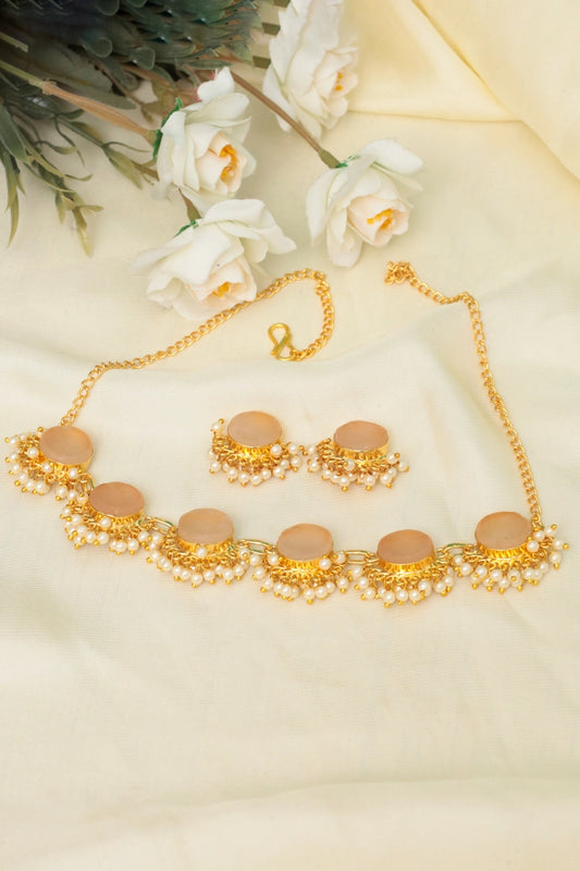 Picture of Zehnaz - Peach Pearl Gold Plated Choker Necklace Set - Available at Raja Sahib