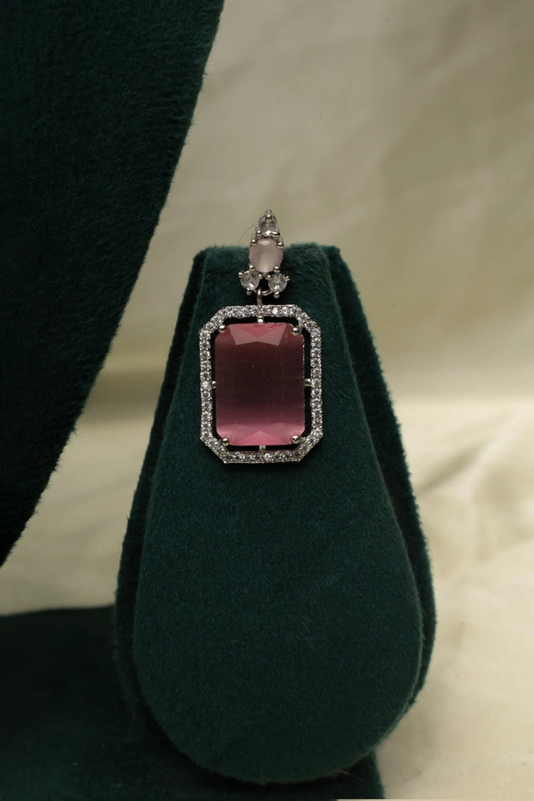 Picture of Zehnaz - Silver Plated American Diamond Necklace Set with Pink Center Stone - Available at Raja Sahib