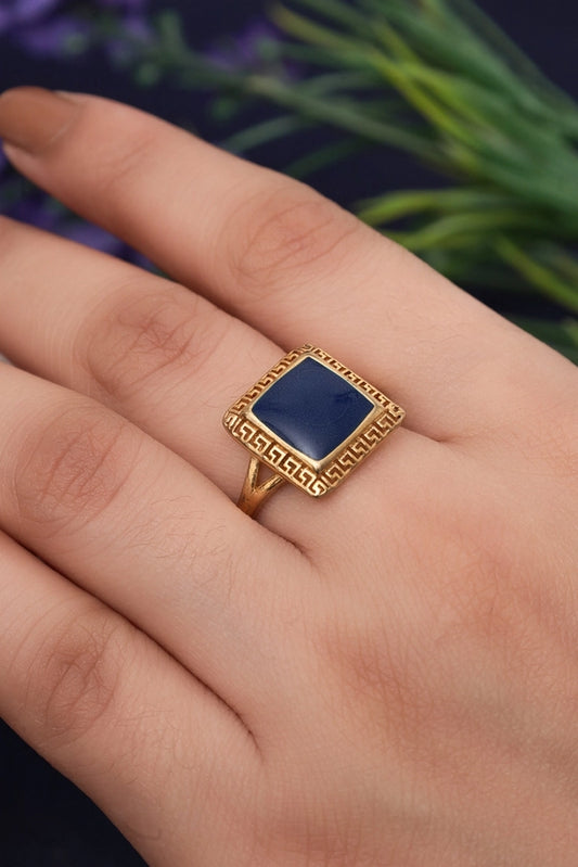Picture of Zehnaz - Gold Plated Signet Ring with Square Lapis Lazuli and Greek Key Design - Available at Raja Sahib