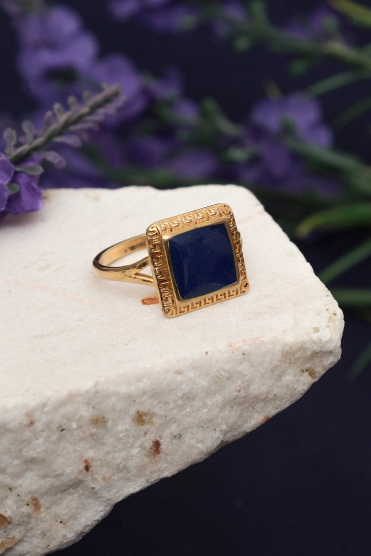Picture of Zehnaz - Gold Plated Signet Ring with Square Lapis Lazuli and Greek Key Design - Available at Raja Sahib