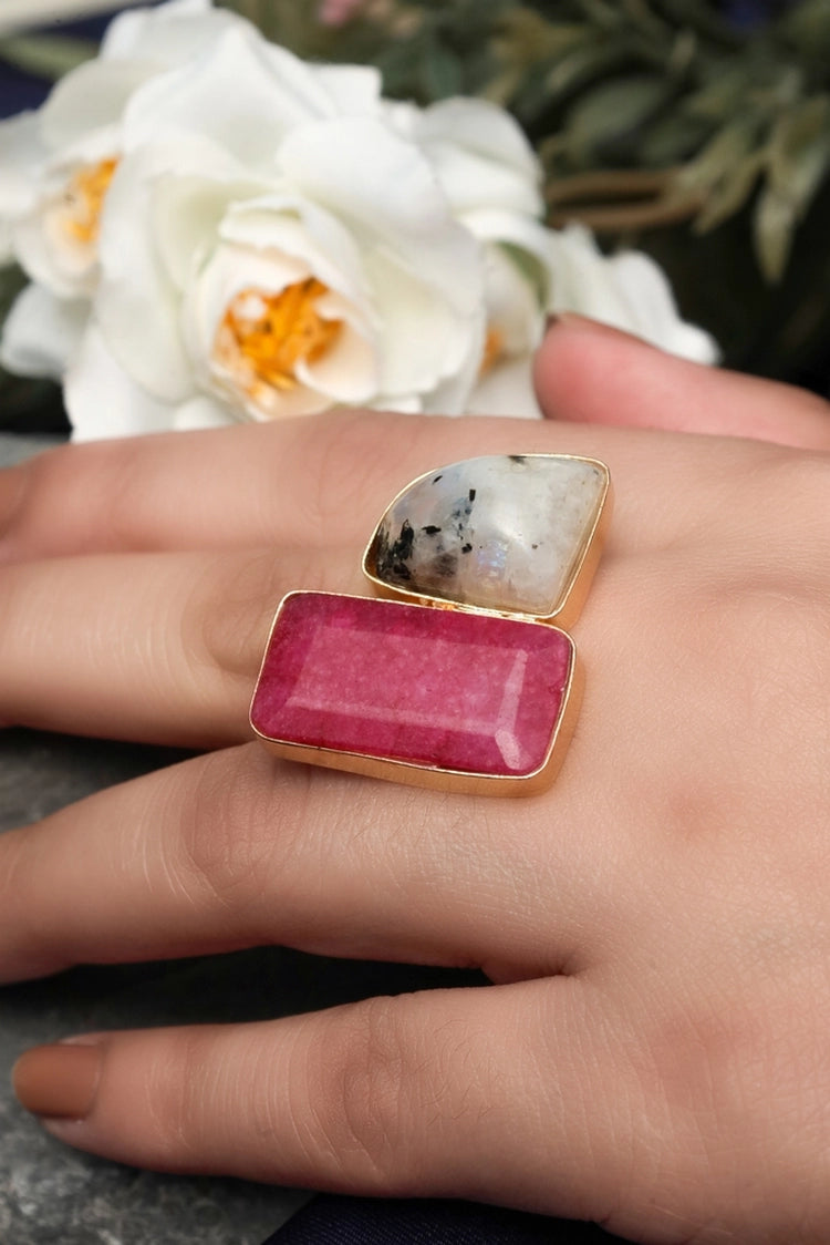 Picture of Zehnaz - Gold Plated Toi et Moi Ring with Ruby and Moonstone - Available at Raja Sahib