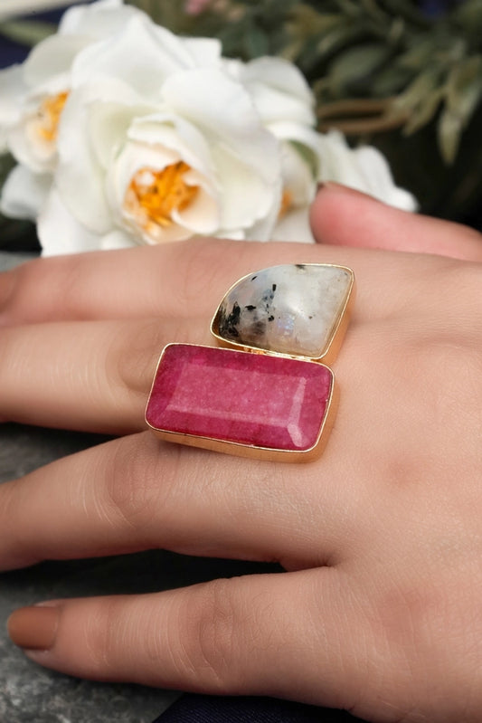 Picture of Zehnaz - Gold Plated Toi et Moi Ring with Ruby and Moonstone - Available at Raja Sahib