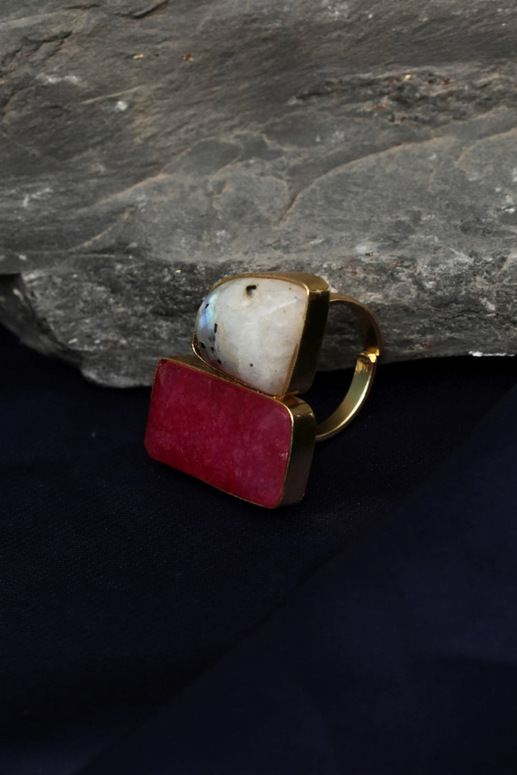 Picture of Zehnaz - Gold Plated Toi et Moi Ring with Ruby and Moonstone - Available at Raja Sahib