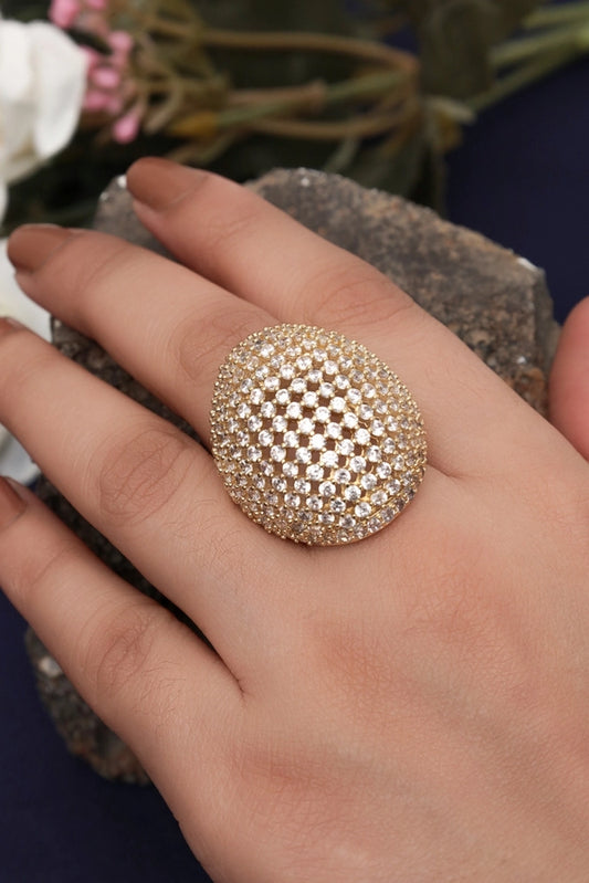 Picture of Zehnaz - Gold Plated Adjustable Dome Ring with Cubic Zirconia - Available at Raja Sahib