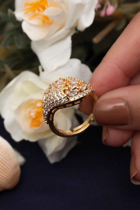 Picture of Zehnaz - Gold Plated Cluster Ring with Baguette and Round Zircon Stones - Available at Raja Sahib
