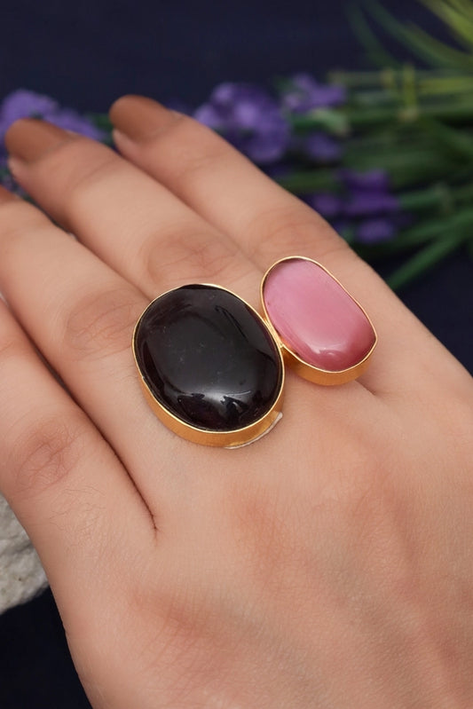 Picture of Zehnaz - Gold Plated Double-Stone Ring with Amethyst and Rose Quartz - Available at Raja Sahib