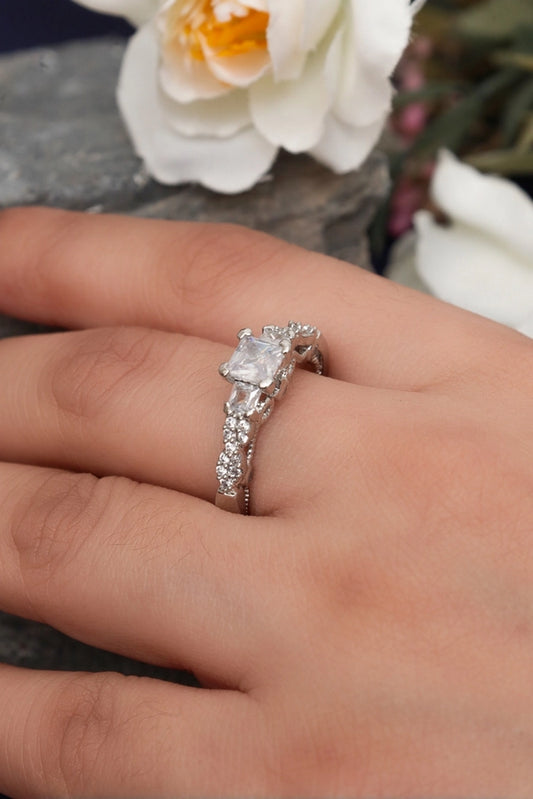 Picture of Zehnaz - Silver Plated Princess-Cut Solitaire Ring with Vintage Ornate Band - Available at Raja Sahib