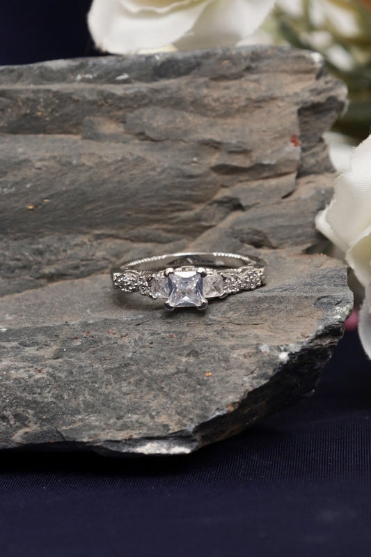 Picture of Zehnaz - Silver Plated Princess-Cut Solitaire Ring with Vintage Ornate Band - Available at Raja Sahib