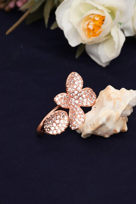 Picture of Zehnaz - Rose Gold Flower Ring with Sparkling Stone-Encrusted Petals - Available at Raja Sahib
