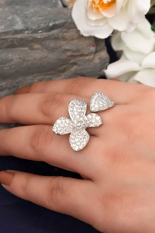 Picture of Zehnaz - Silver Plated Butterfly Ring Fully Paved with Cubic Zirconia - Available at Raja Sahib