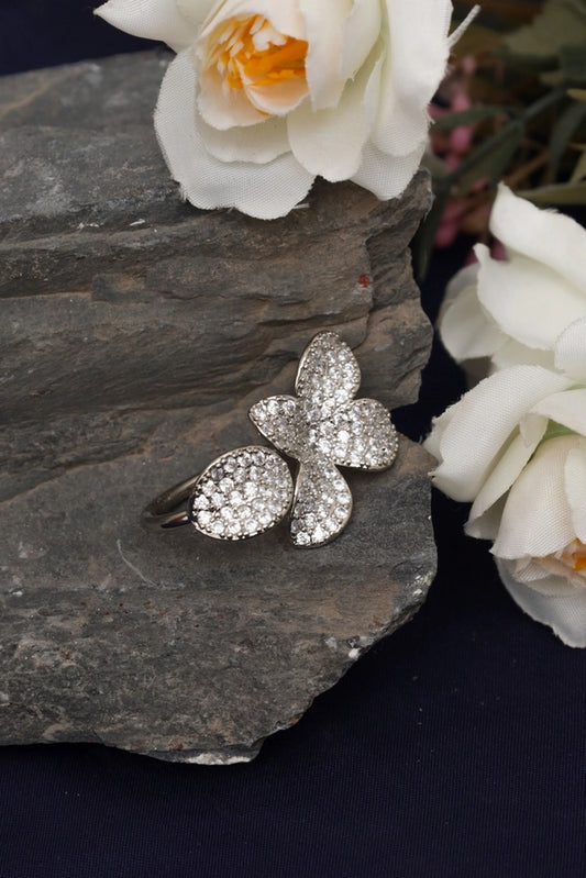 Picture of Zehnaz - Silver Plated Butterfly Ring Fully Paved with Cubic Zirconia - Available at Raja Sahib