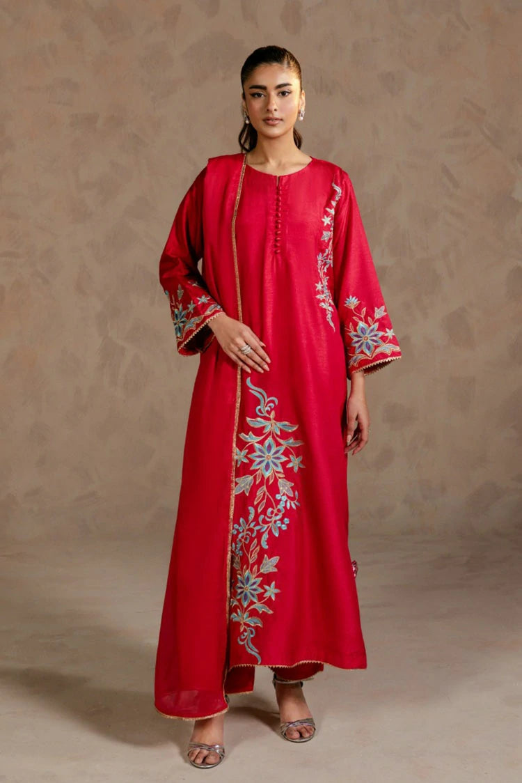 Picture of Zehnaz - Embroidered Russian Raw Silk - 3 Piece - Carmine - Available at Raja Sahib