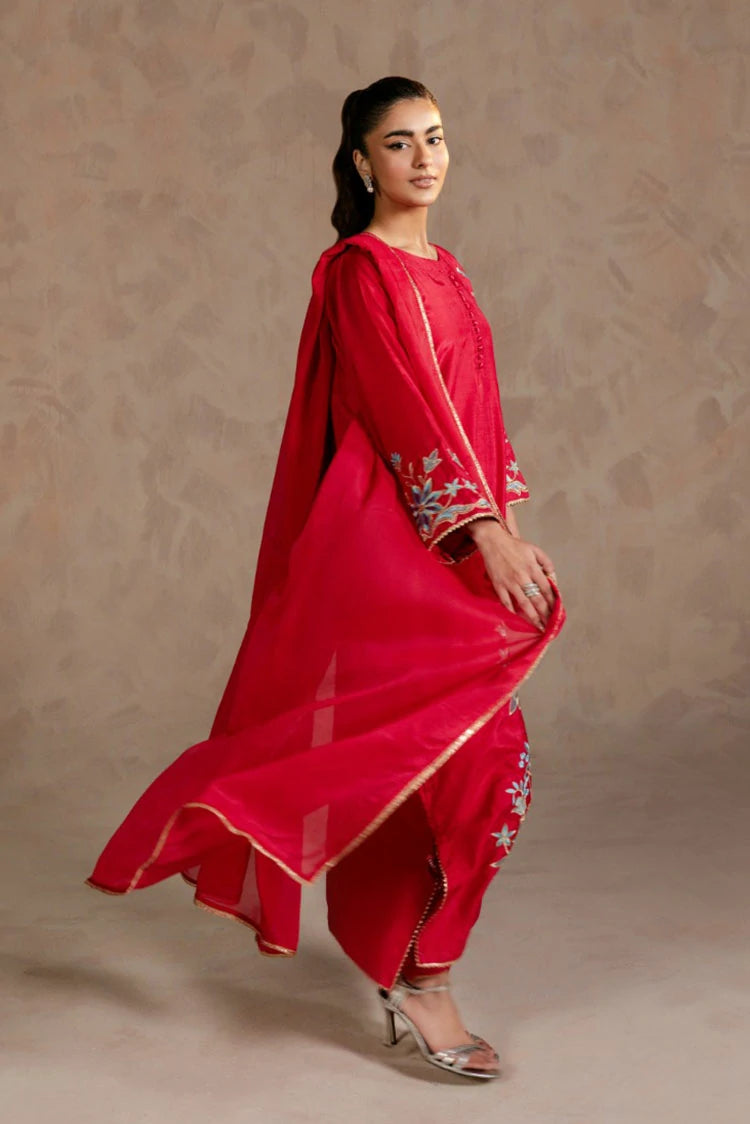 Picture of Zehnaz - Embroidered Russian Raw Silk - 3 Piece - Carmine - Available at Raja Sahib