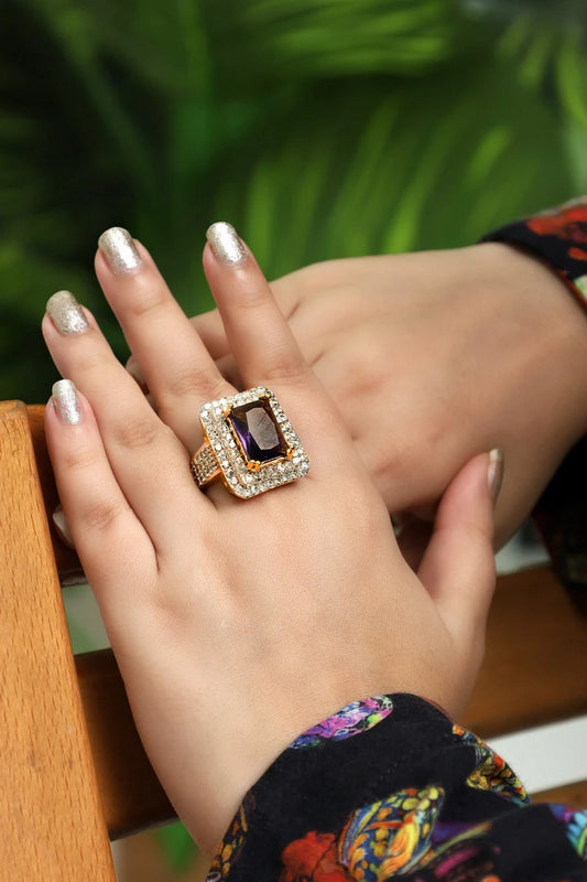 Picture of Zehnaz - Gold Plated Amethyst Cubic Zirconia Statement Ring - Available at Raja Sahib