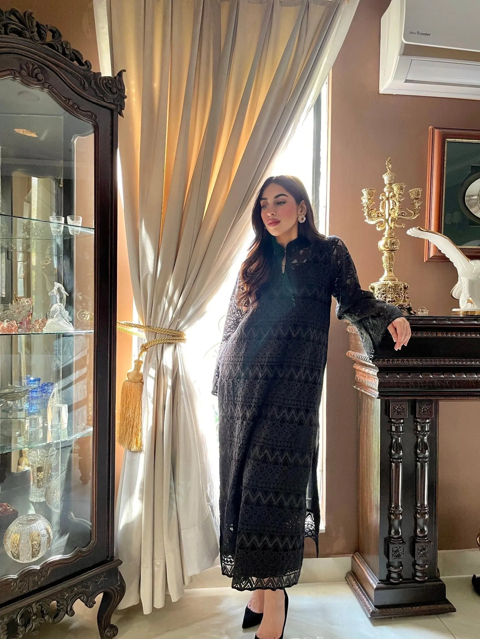 Picture of Manahils - Metallic Black Crochet Net - Available at Raja Sahib