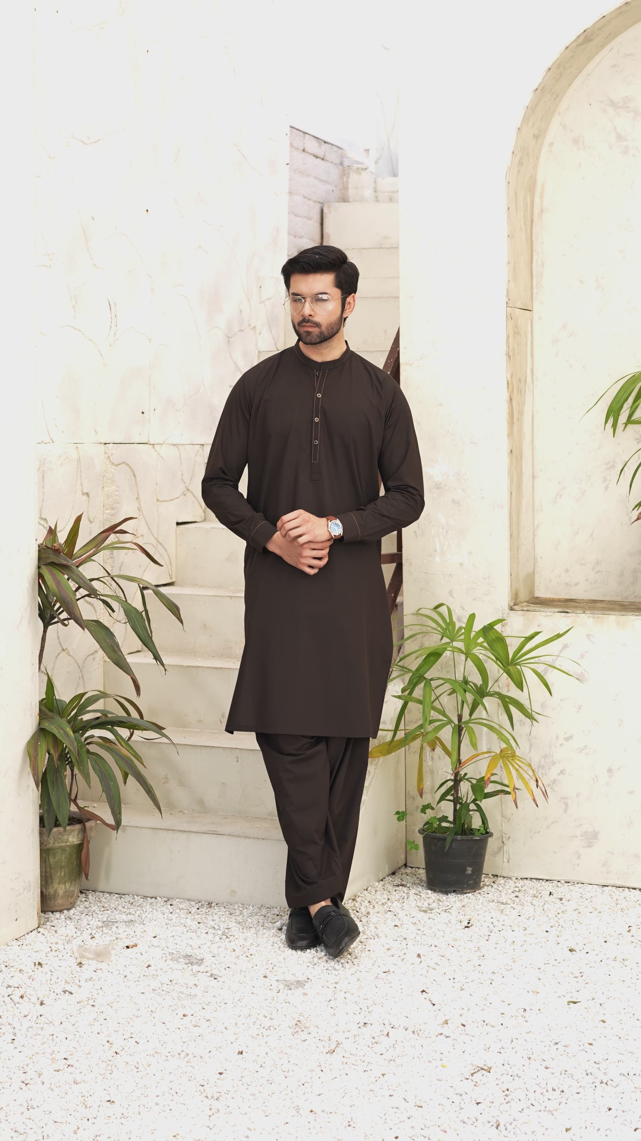 Picture of Black Pearl - Wash & Wear | Dark Brown Ban Shalwar Kameez - Available at Raja Sahib
