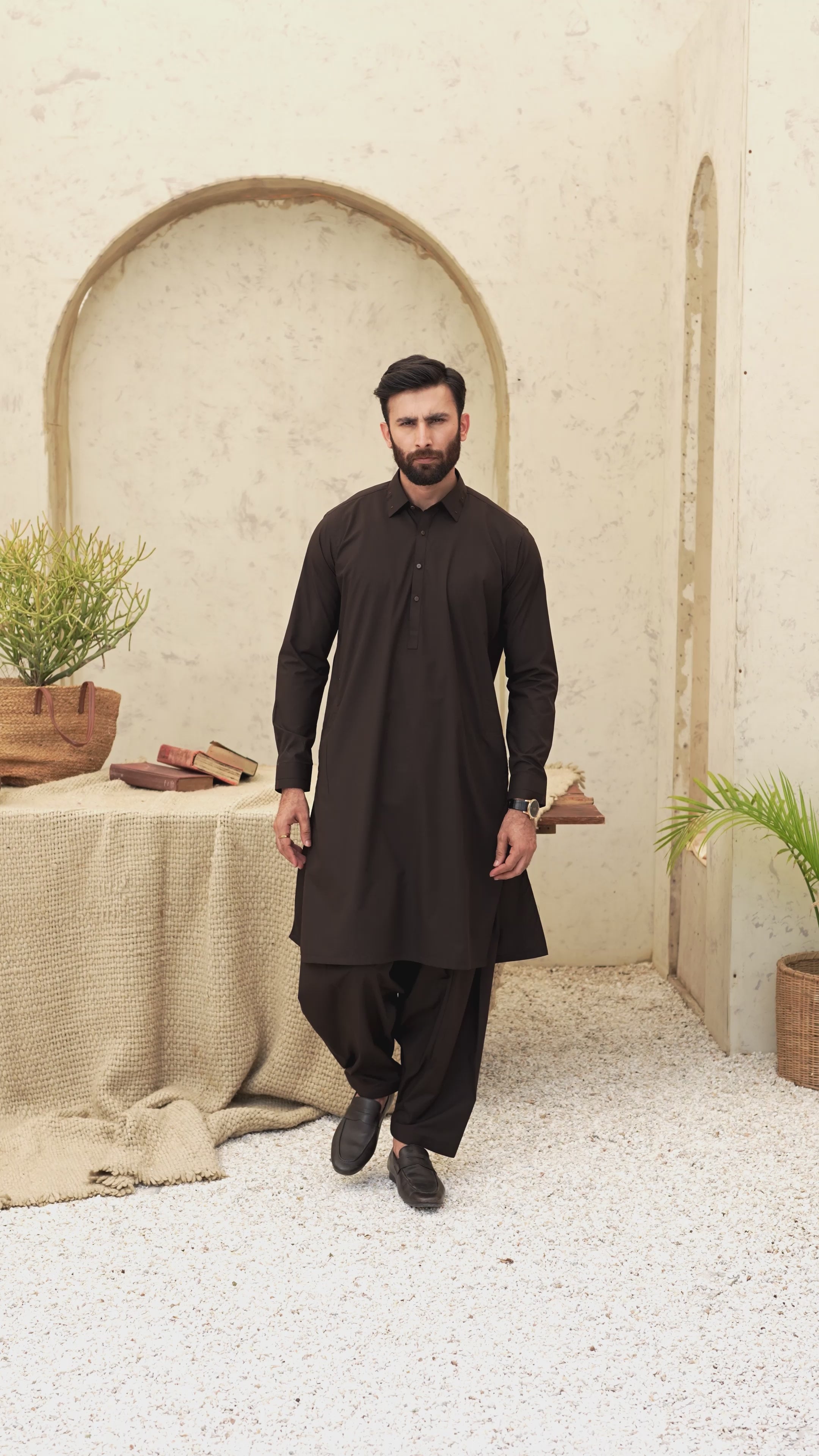 Picture of Black Pearl - Wash & Wear | Dark Brown Collar Shalwar Kameez - Available at Raja Sahib