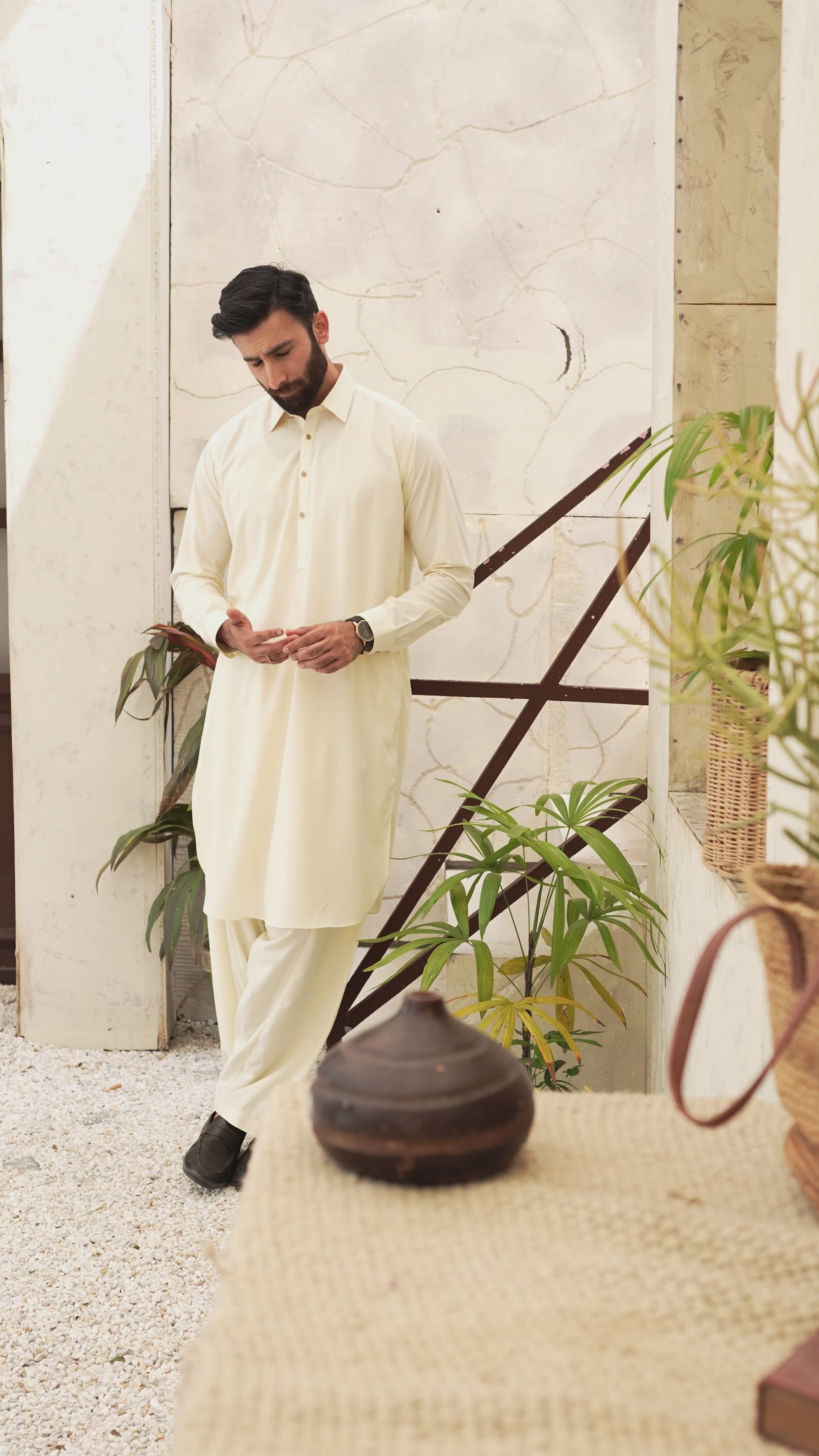 Picture of Black Pearl - Wash & Wear | Cream Collar Shalwar Kameez - Available at Raja Sahib