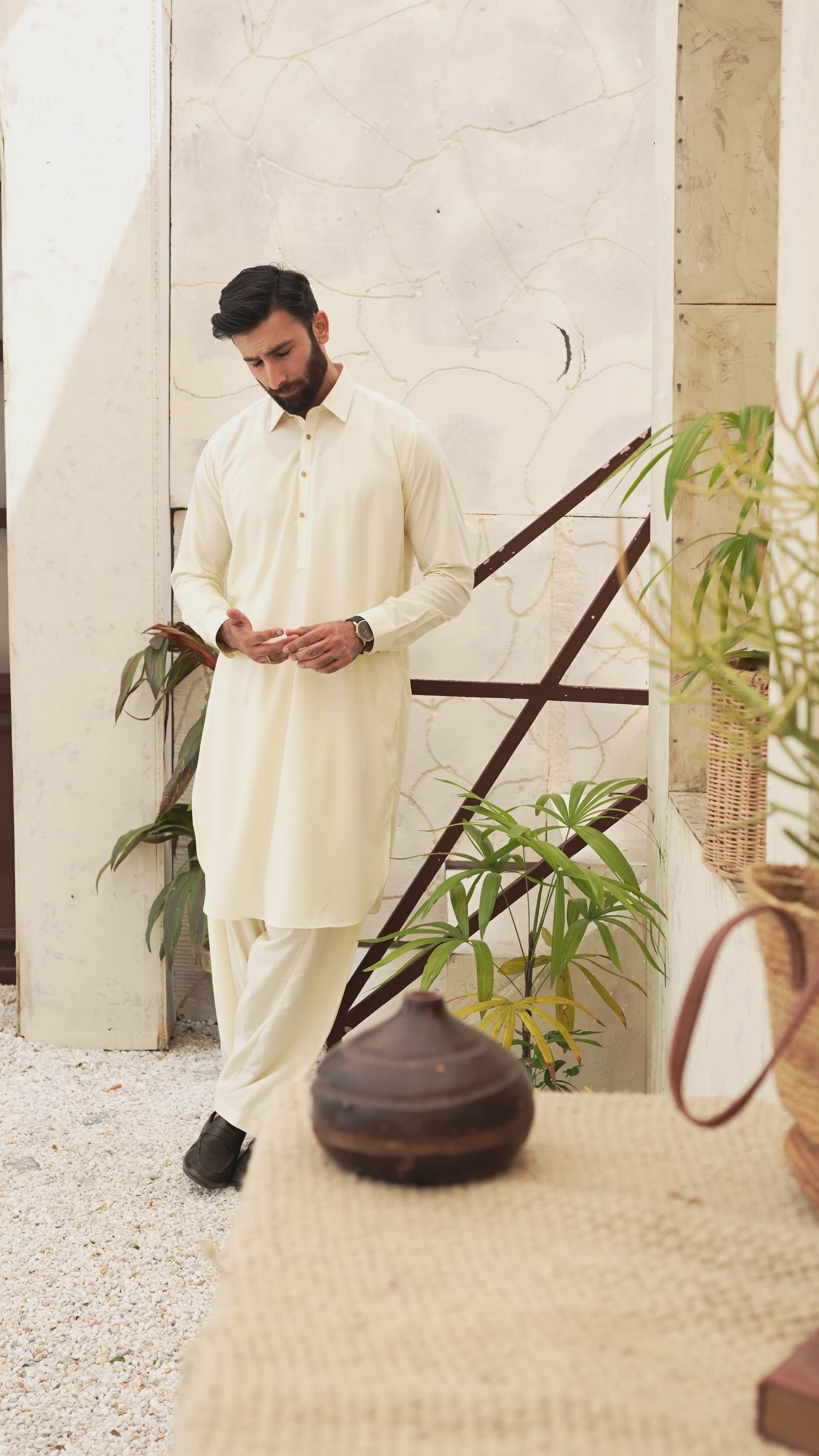 Picture of Black Pearl - Wash & Wear | Cream Collar Shalwar Kameez - Available at Raja Sahib