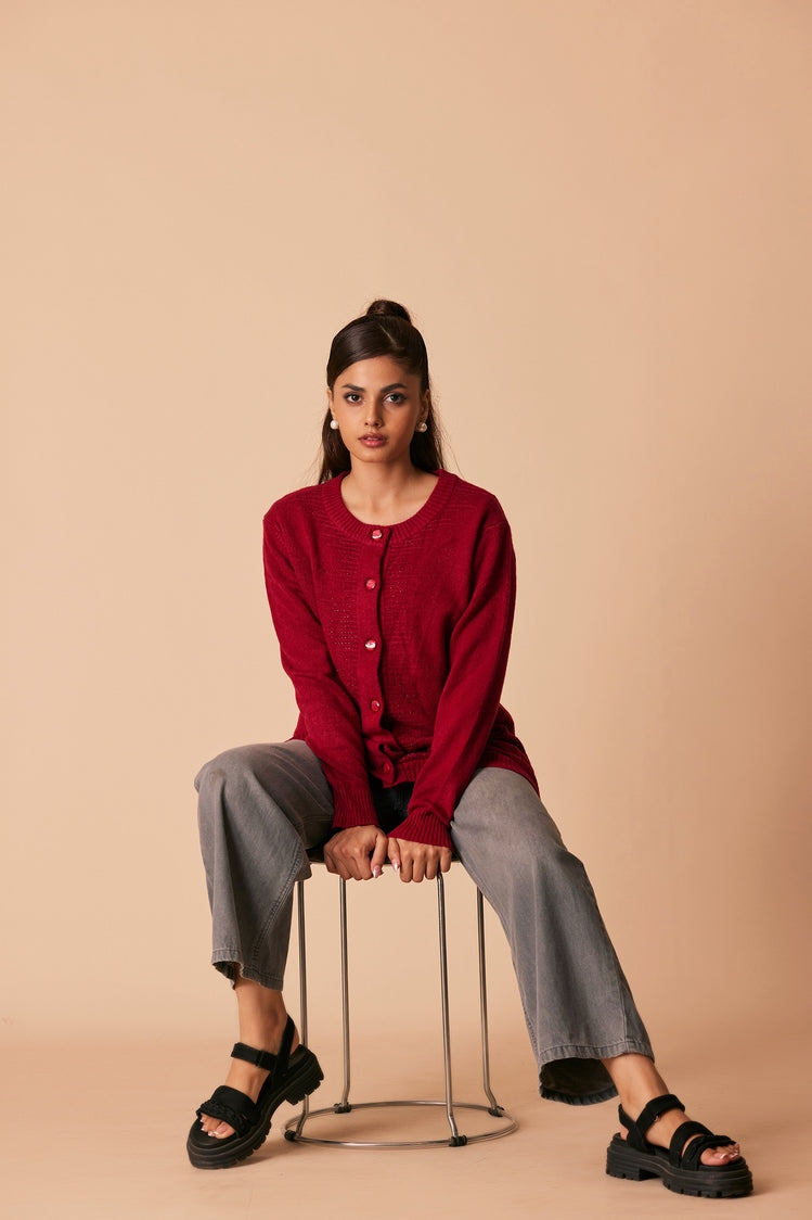 Picture of Ellena - Round Neck Cardigan Sweater - Available at Raja Sahib