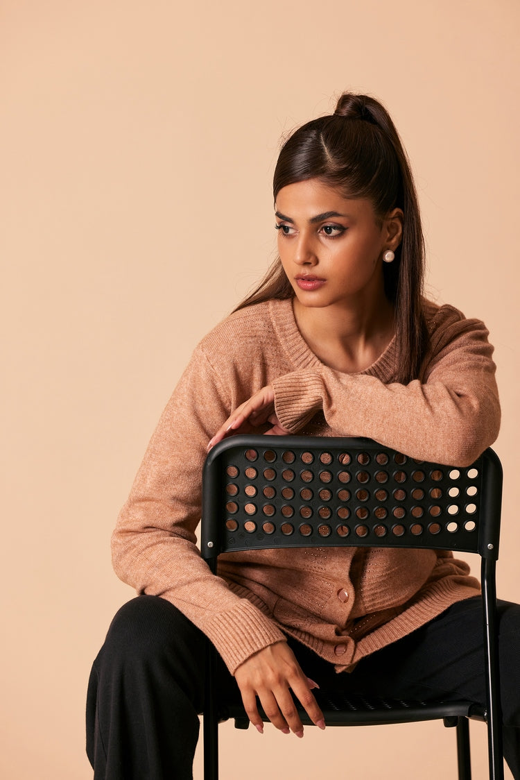 Picture of Ellena - Round Neck Cardigan Sweater - Available at Raja Sahib