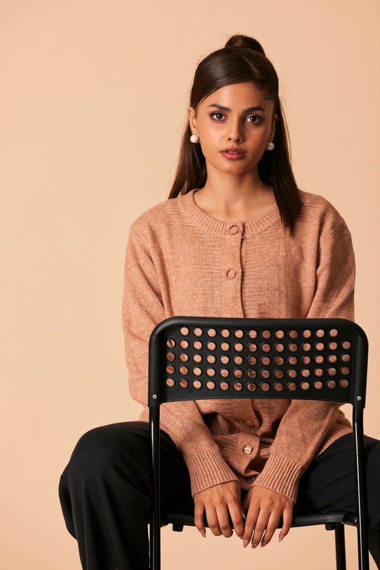 Picture of Ellena - Round Neck Cardigan Sweater - Available at Raja Sahib