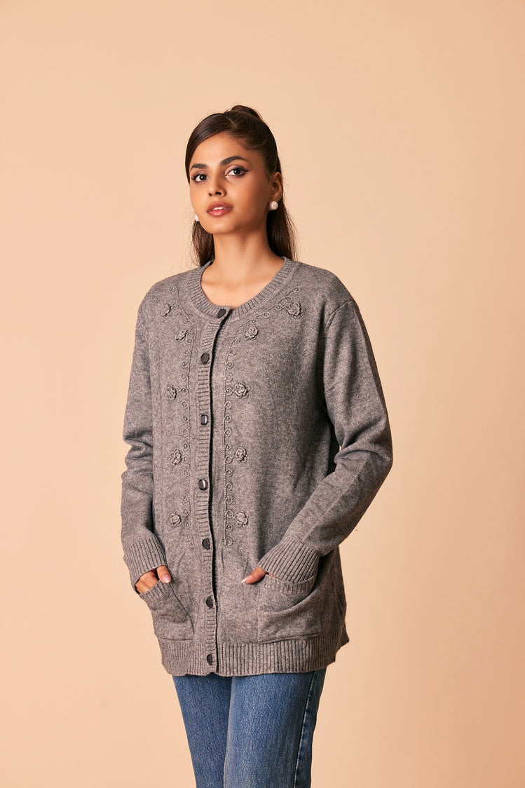 Picture of Ellena - Round Neck Cardigan Sweater - Available at Raja Sahib