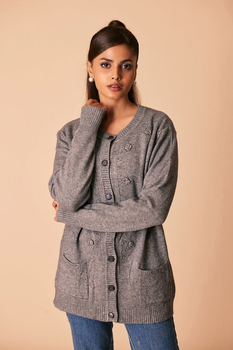 Picture of Ellena - Round Neck Cardigan Sweater - Available at Raja Sahib