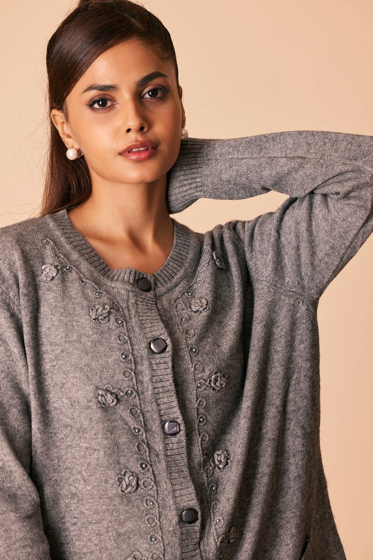 Picture of Ellena - Round Neck Cardigan Sweater - Available at Raja Sahib