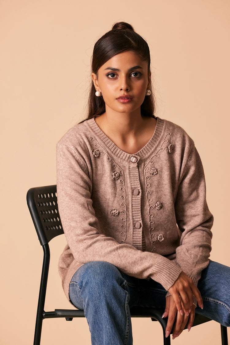Picture of Ellena - Round Neck Cardigan Sweater - Available at Raja Sahib