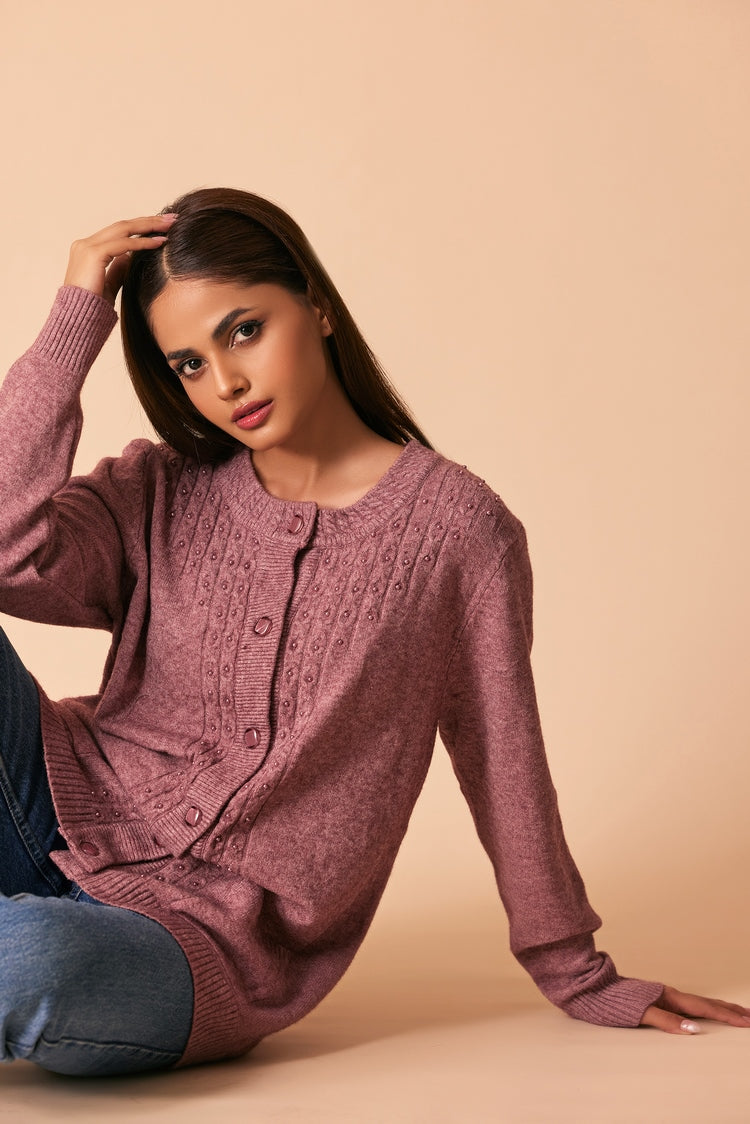 Picture of Ellena - Round Neck Cardigan Sweater - Available at Raja Sahib