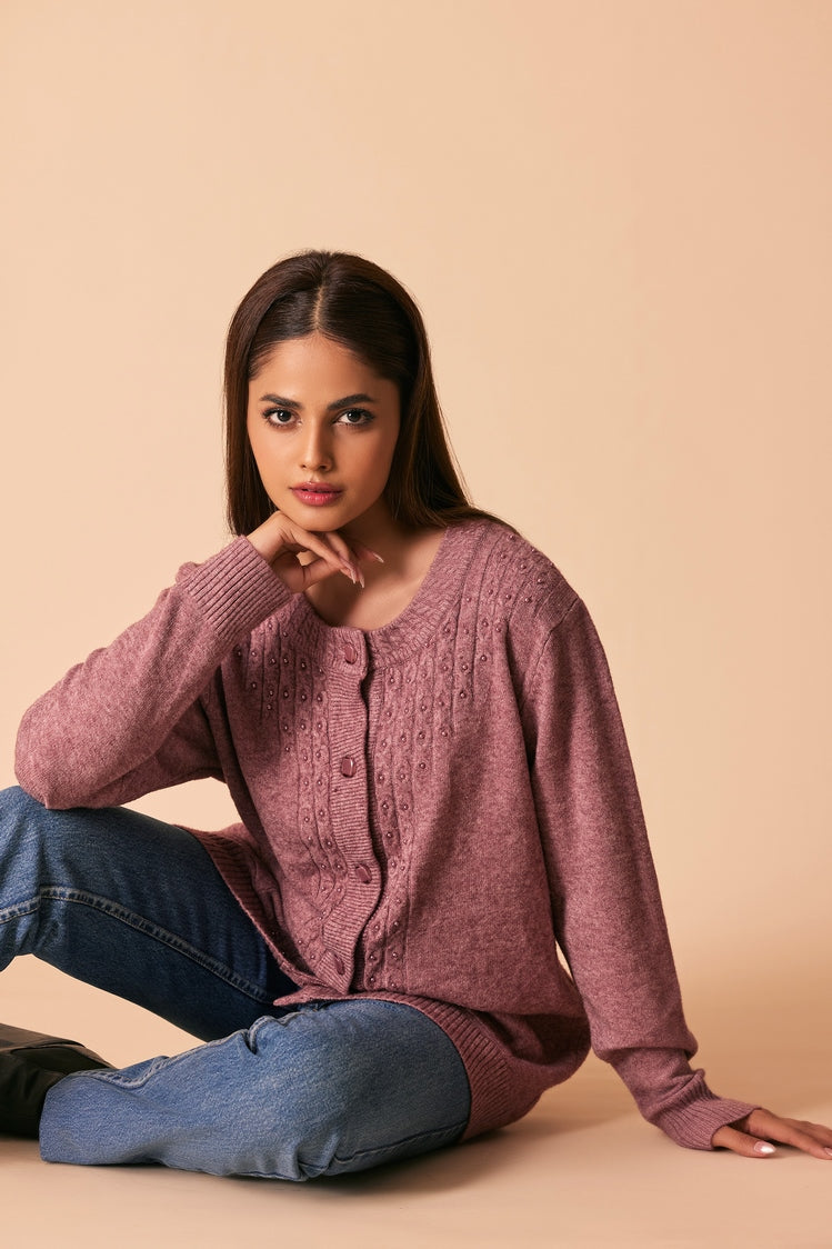 Picture of Ellena - Round Neck Cardigan Sweater - Available at Raja Sahib