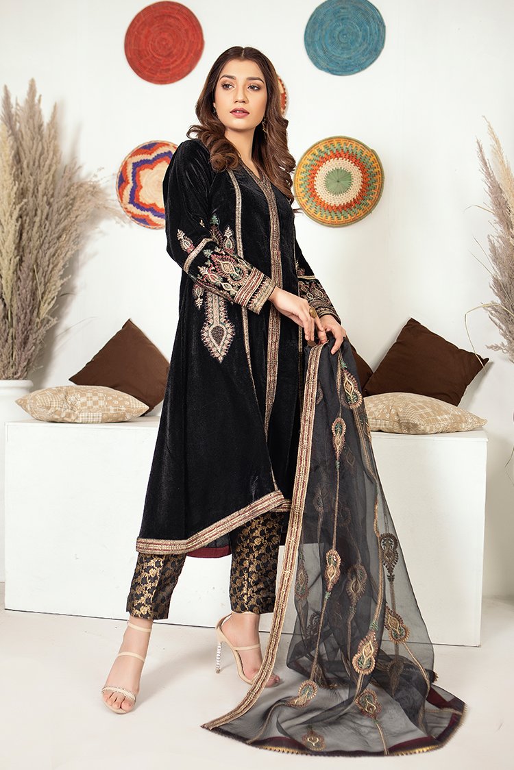 Picture of Ellena - Fancy Embroidered Velvet 3-PC Suit - VJQ293 - Available at Raja Sahib