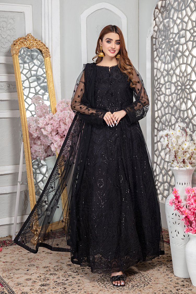black dress net Embroidered Net Maxi Dress – Ellena