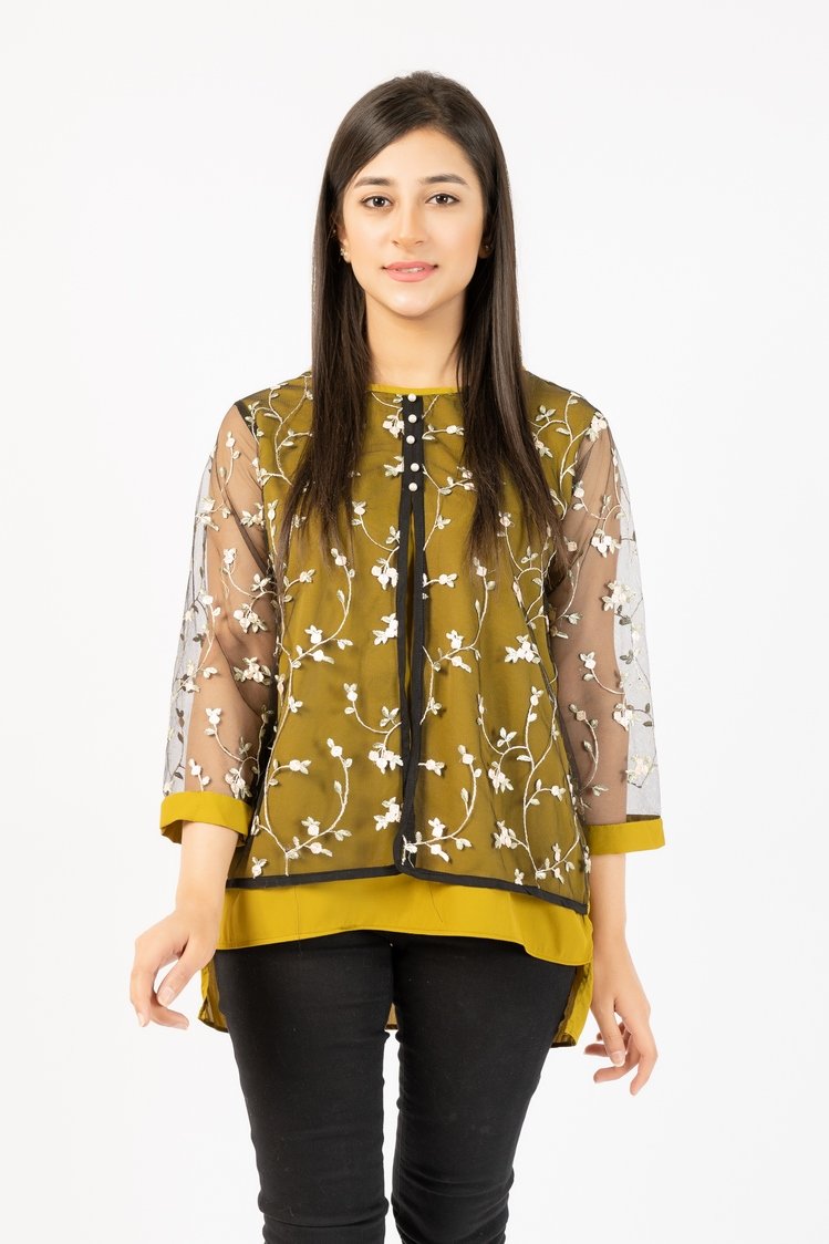 Picture of Ellena - Georgette Top With Floral Embroided Net - Available at Raja Sahib