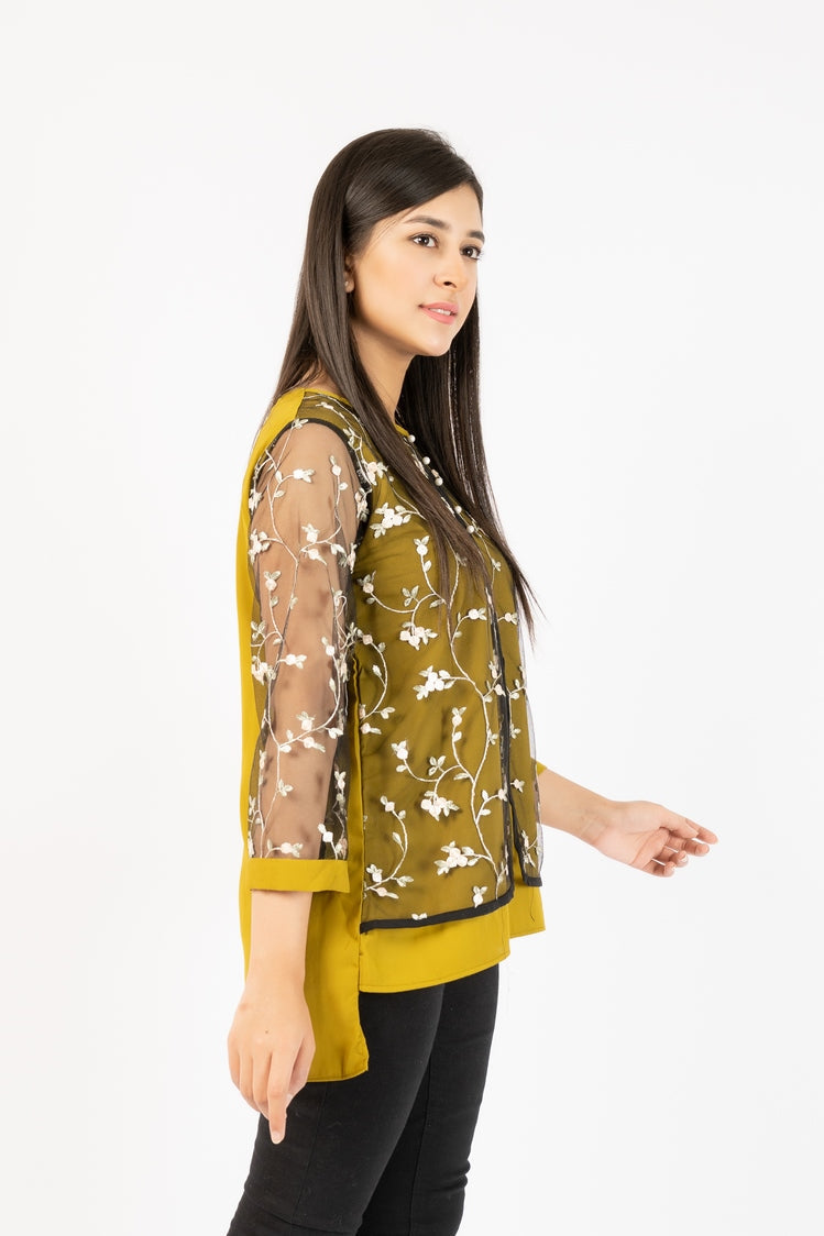 Picture of Ellena - Georgette Top With Floral Embroided Net - Available at Raja Sahib