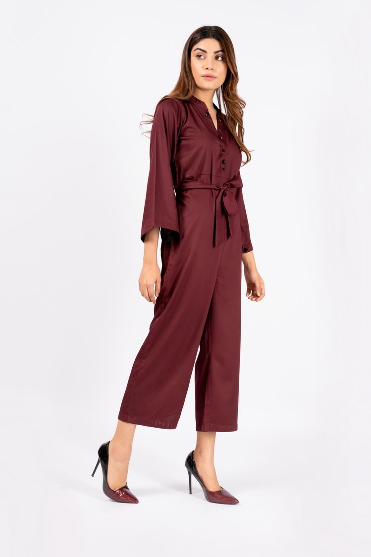 Picture of Ellena - Maroon Belted Jumpsuit - Available at Raja Sahib