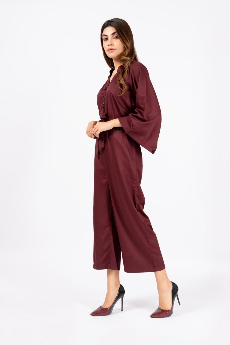 Picture of Ellena - Maroon Belted Jumpsuit - Available at Raja Sahib