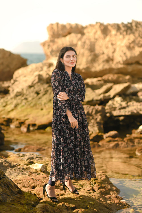 Picture of Ellena - Floral Print Chiffon Dress - Available at Raja Sahib