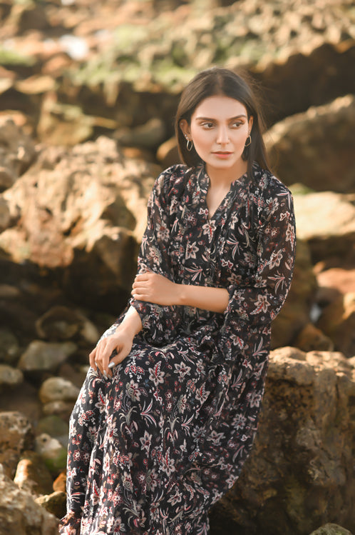 Picture of Ellena - Floral Print Chiffon Dress - Available at Raja Sahib