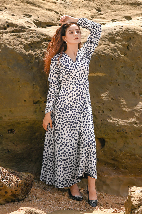 Picture of Ellena - Elegant Polka Dot V-Neck Dress - Available at Raja Sahib