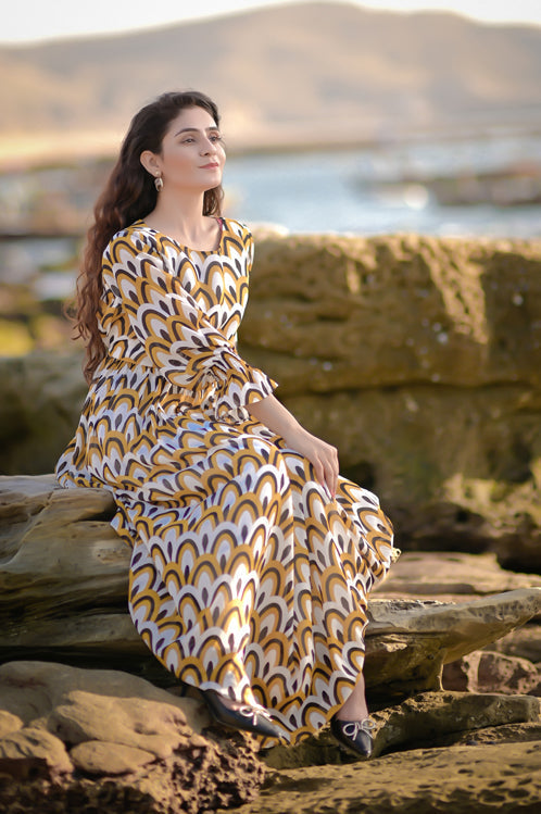 Picture of Ellena - Printed Chiffon Dress - Available at Raja Sahib