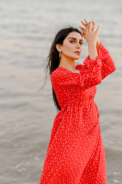 Picture of Ellena - Elegant Polka Dot V-neck Dress - Available at Raja Sahib